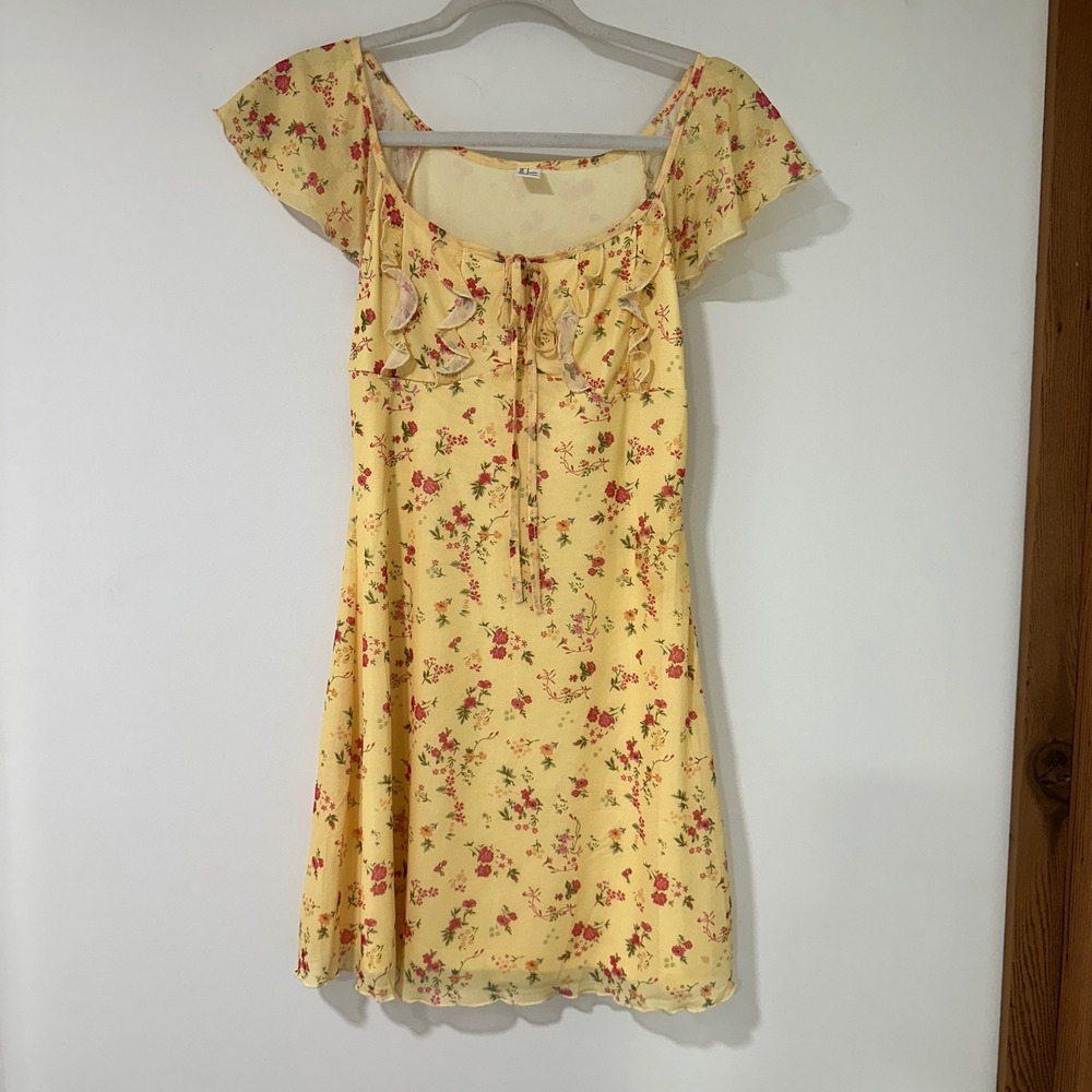 Floral Mesh Mini Dress Womens S Yellow Ruffle Tie Fairycore Y2K Coquette